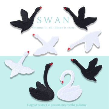 8 adhesive embroidered swan patches, black and white designs with red beaks