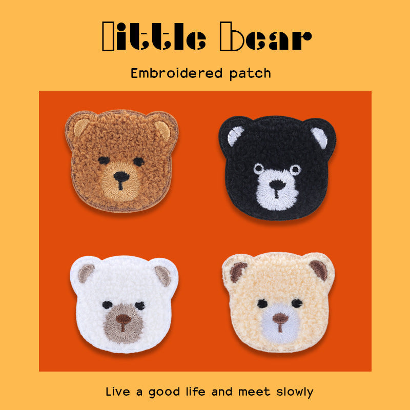 Vier Bärenkopf-Patches, bestickt, selbstklebend: braun, schwarz, weiß, hellbeige