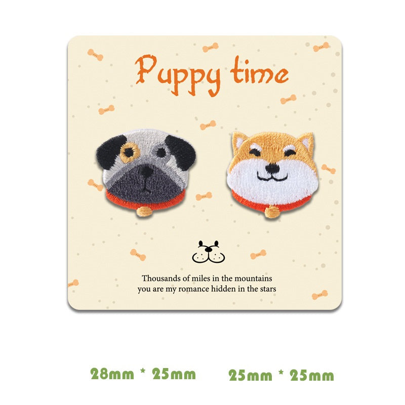 Card showing gray-and-black dog patch and orange dog patch, self-adhesive pair