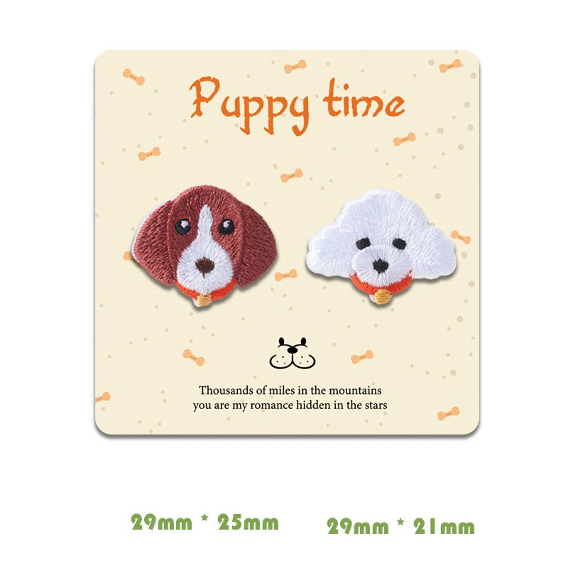 Card showing brown dog and white puppy face patches, self-adhesive pair