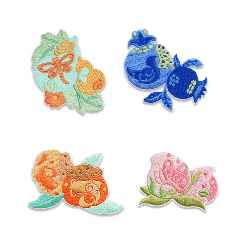 自粘刺绣贴布4件套：绿色花草橙色蝴蝶、蓝色鱼、橙色鱼、粉色花朵图案