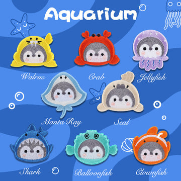 8-pack self-adhesive embroidered sea animal patches set with colorful cartoon faces