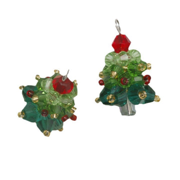 Colorful glass bead Christmas tree pendant, green-blue beads with red top and gold hook