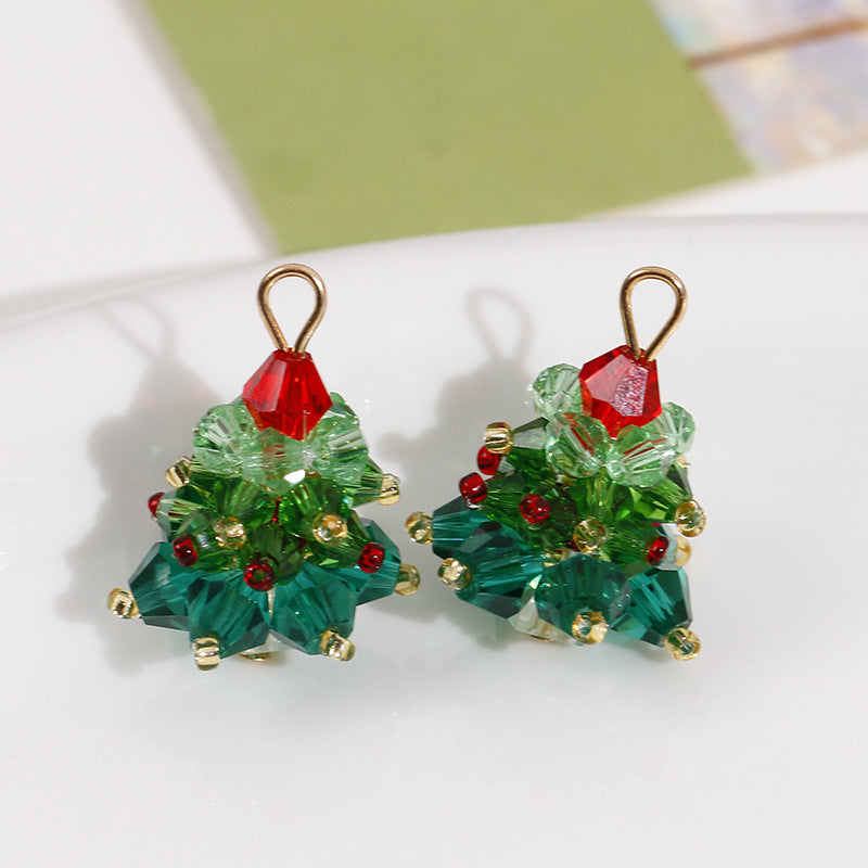 Colorful glass bead Christmas tree ornament pair, red top, green beads, gold-tone hanging loop