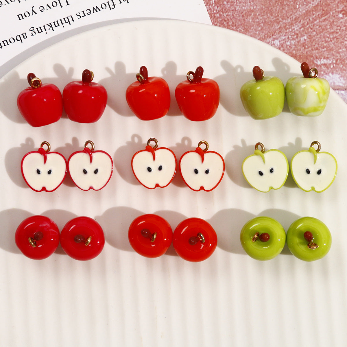 Cartoon apple resin pendants, red and green (whole apples and cut halves) set of 5pcs