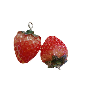 Red resin strawberry pendant with green leaves and silver loop (pair)