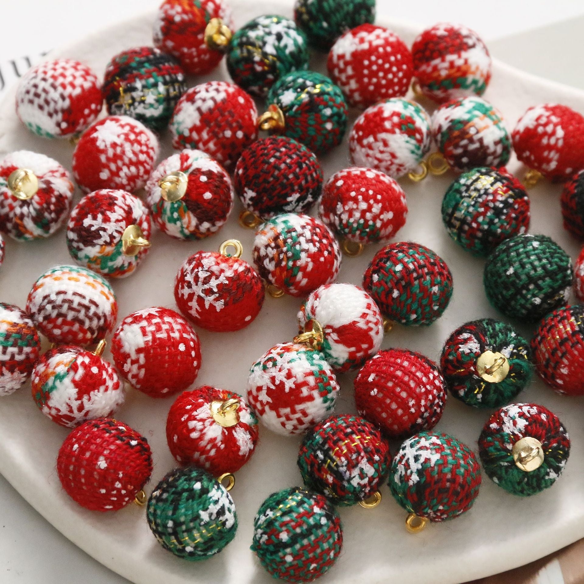 Red and green plaid hanging balls with small gold loop caps