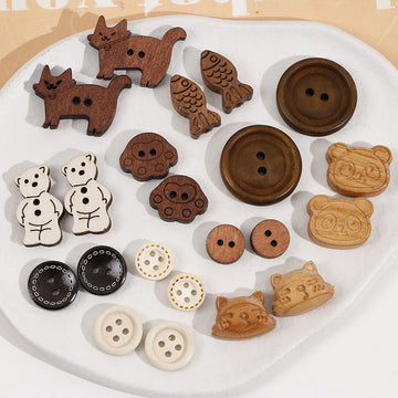 Holz-Buttons, rund und figürlich, mit Panda- und Fischmotiven, 2 Löcher, Mix aus 20er Pack
