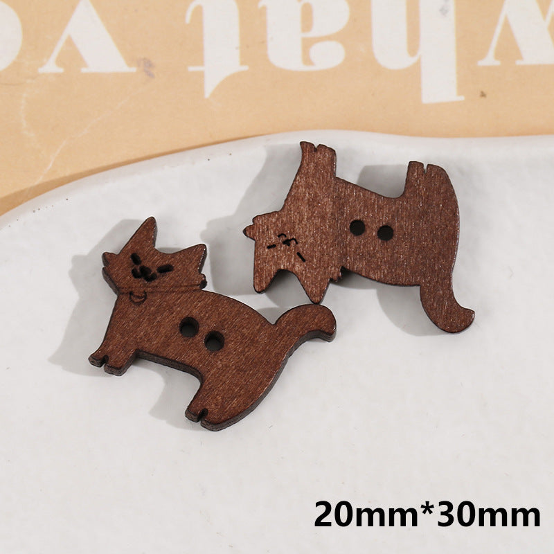 Brown wooden two-hole animal buttons set, 20mm x 30mm; cat and panda shapes