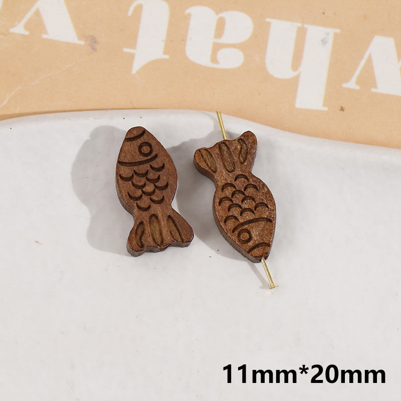 Holzknöpfe in Fischform, zwei Löcher, braun, 11 mm x 20 mm