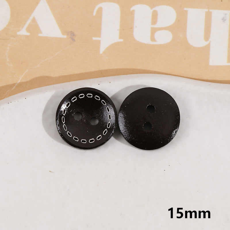 Schwarze runde Holzknöpfe mit 2 Löchern und Zierstich, 15 mm