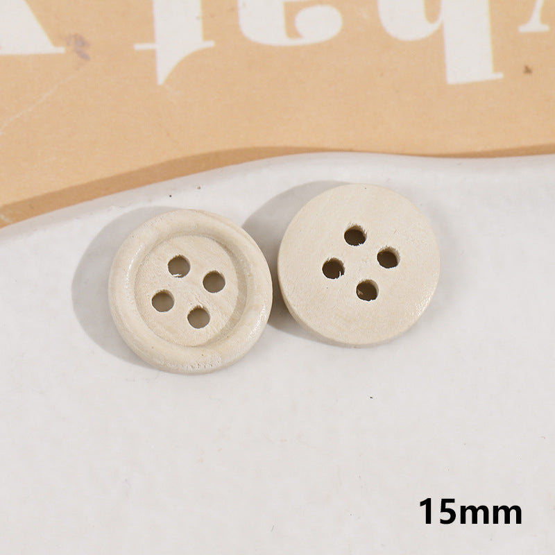 Weiße runde Holzknöpfe mit vier Löchern, 15 mm