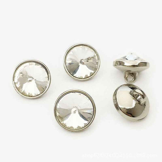 Silver round metal button with clear cone rhinestone, 20-pack
