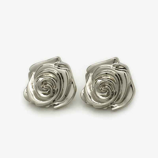 Silver metal 3D rose flower buttons, raised swirl petals, pair close-up