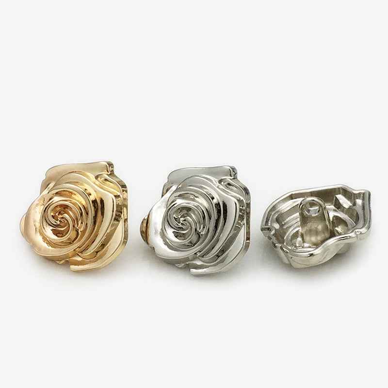 Rose flower metal buttons set: gold, silver front, plus back with shank