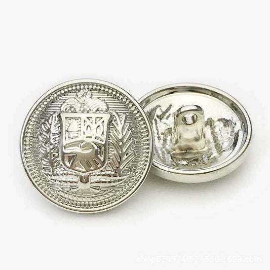 Round metal button, vintage knight shield, silver front and back view.