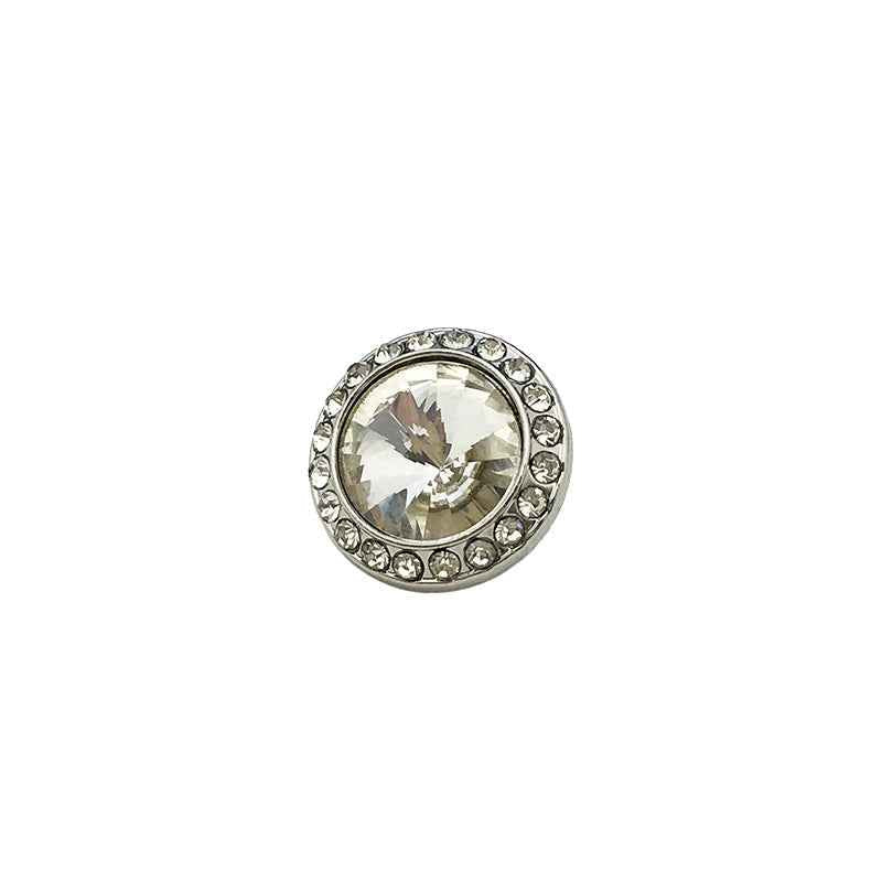 Crystal rhinestone metal shank button front, clear stone in silver bezel