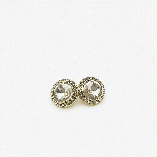 Sparkling crystal rhinestone metal shank button pair, gold tone with clear stones