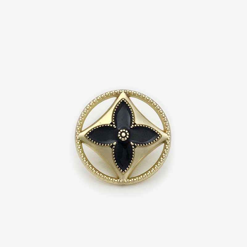 Gold shank clover button, four-leaf design with black enamel center, 20pcs