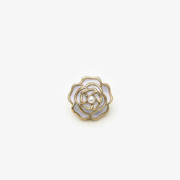 15mm 3D Rose metal shank button, white petals, pearl center, gold rim