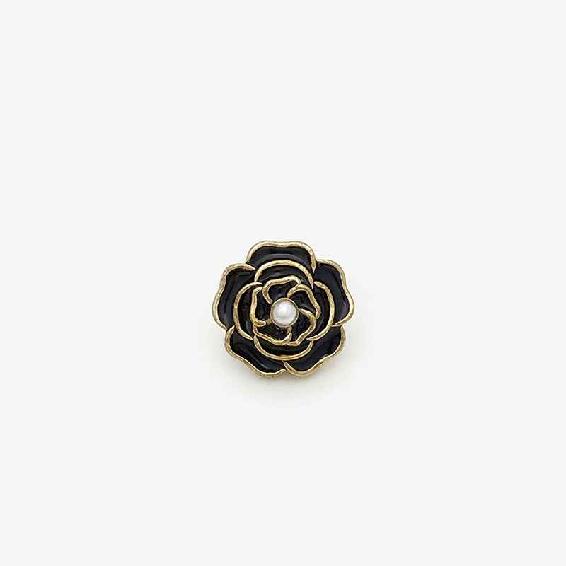 3D Rose metal shank button, black petals, pearl center, gold edging