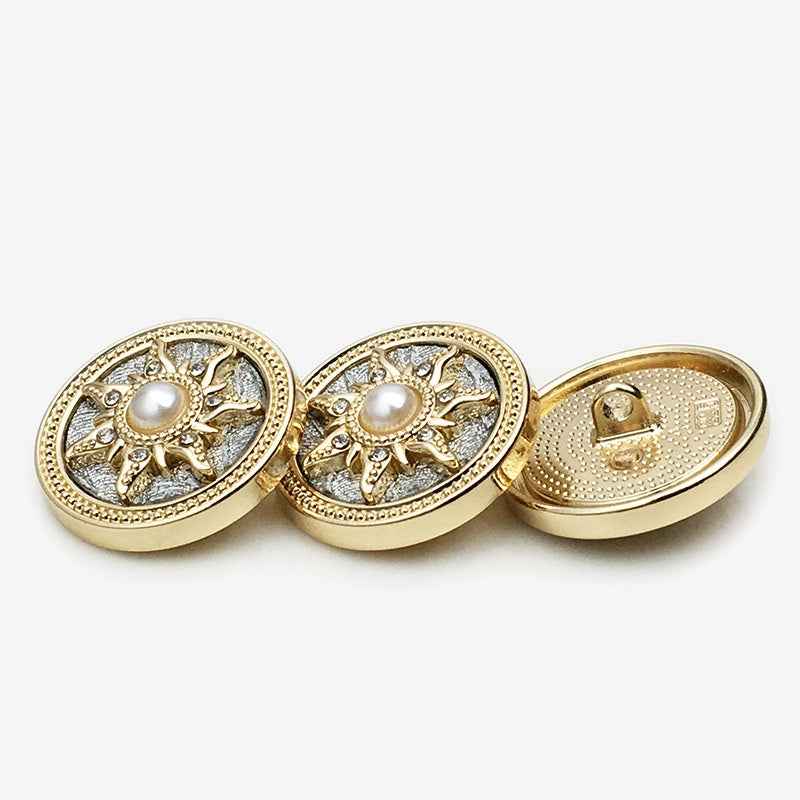 Set of gold round sun buttons, front and back views with faux pearl and shank
