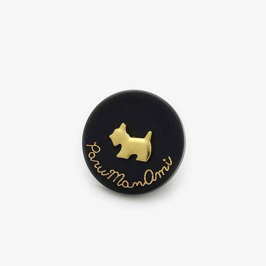 Black dog-themed resin shank button with gold puppy silhouette and paw-name text