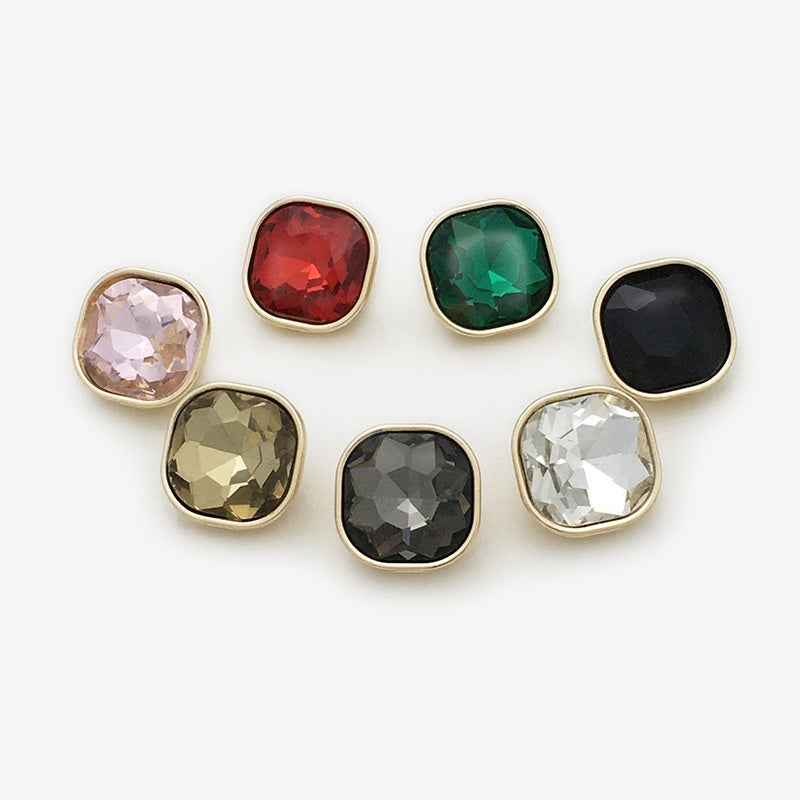 Assorted square rhinestone buttons with mixed stones: pink, red, green, black, olive, clear