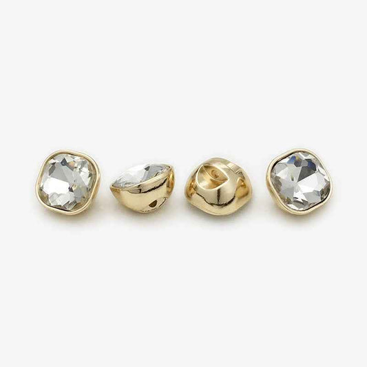 Square rhinestone buttons, clear white stone, gold-tone metal, 20 pcs