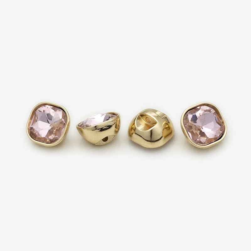 Square rhinestone buttons, light pink stone, gold-tone metal, 20 pcs