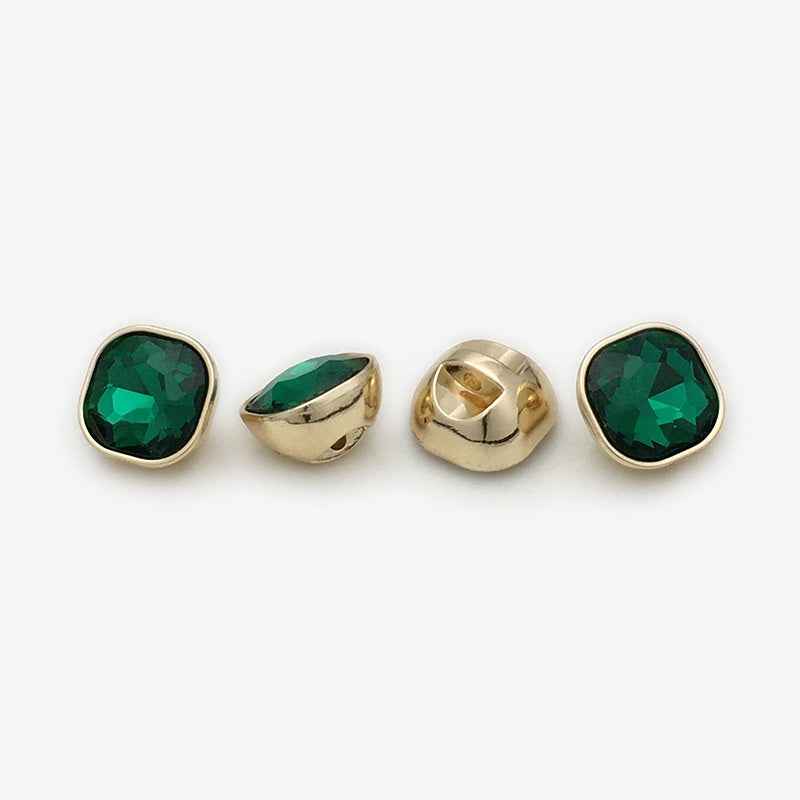 Square rhinestone buttons, dark green stone, gold-tone metal, 20 pcs