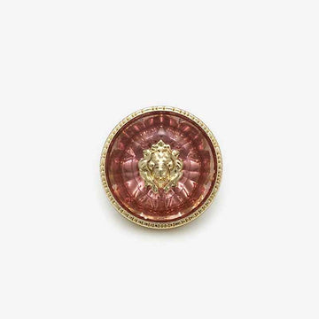 Red transparent resin lion-head round metal shank button, gold-tone rim