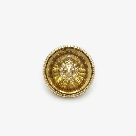 Gold-yellow transparent resin lion-head round metal shank button, gold-tone rim
