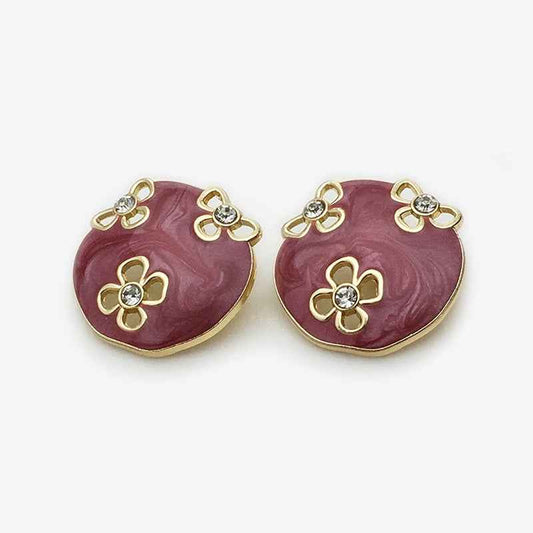 Oval floral enamel metal button, red with gold edges and rhinestone flower details