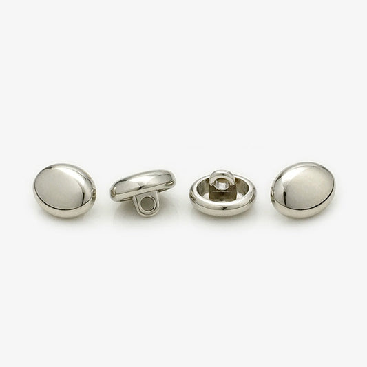 Glossy oval metal shirt buttons, silver; 11mm, hand-sewn, four views