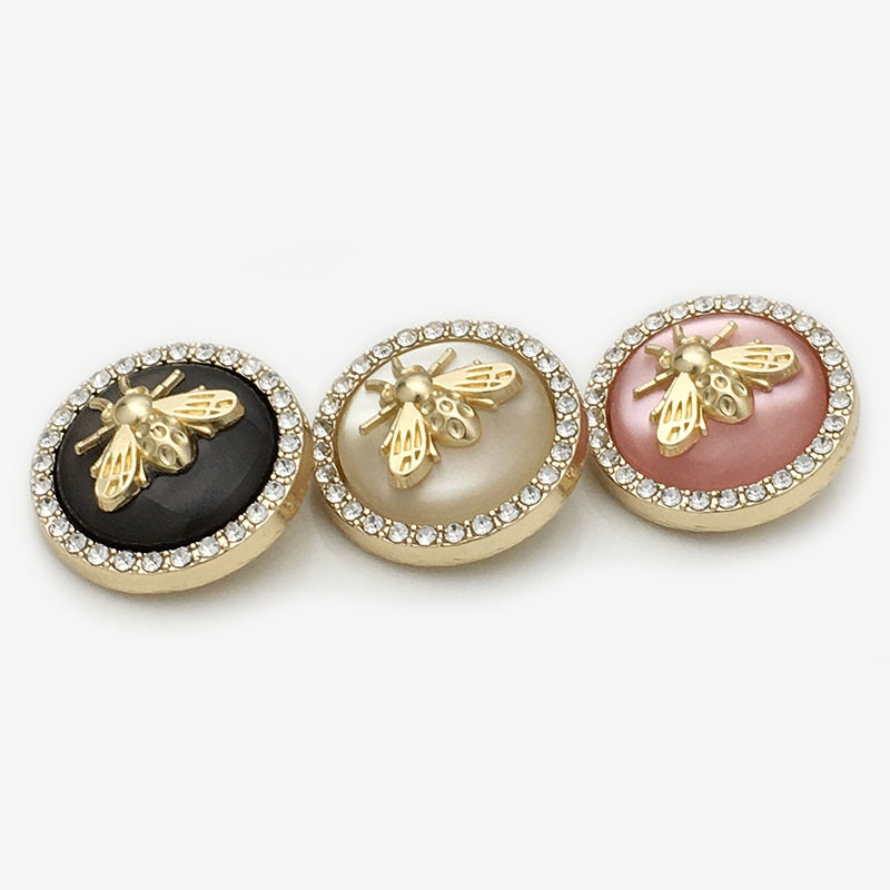 Bee coat buttons set, black, beige, and Pink two-tone resin with rhinestone borders