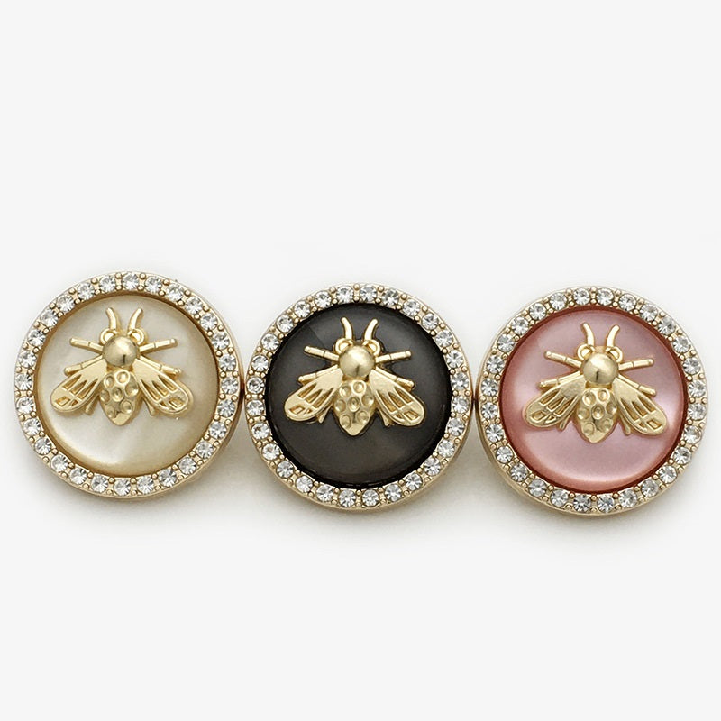 Bee coat buttons set of 3: Beige, Black, Pink, gold bee motifs with rhinestones