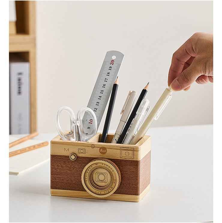 Zakka Camera Wooden Pencil Holder Desktop Organizer