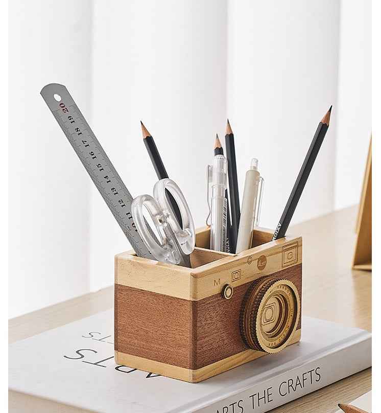 Zakka Camera Wooden Pencil Holder Desktop Organizer