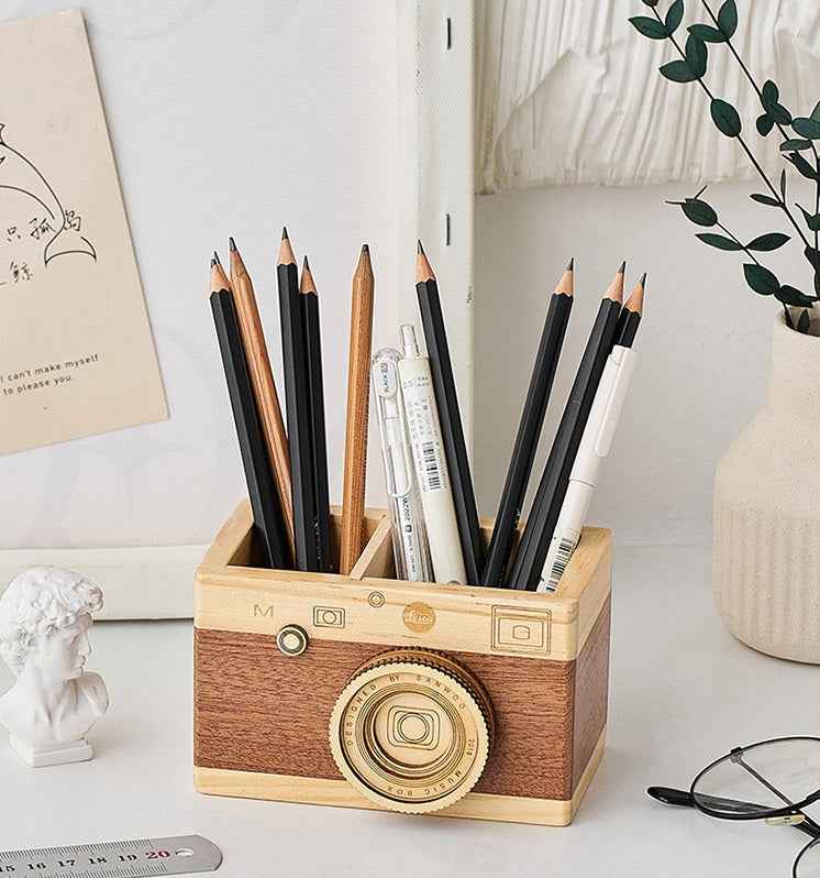 Zakka Camera Wooden Pencil Holder Desktop Organizer