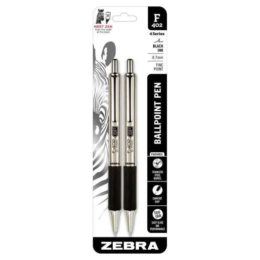 Zebra F-402 Retractable Ballpoint Pen,Fine Point,0.7mm,Black,2 Pack