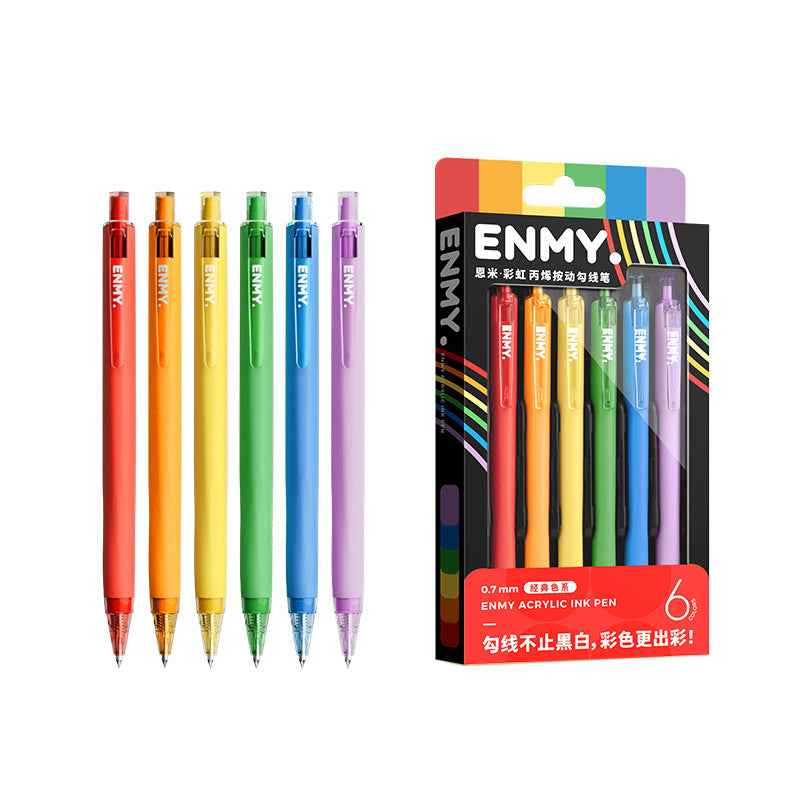 ENMY Rainbow Acrylic Ink Retractable Fineliner Pen Set – 0.7mm, 6 Colors