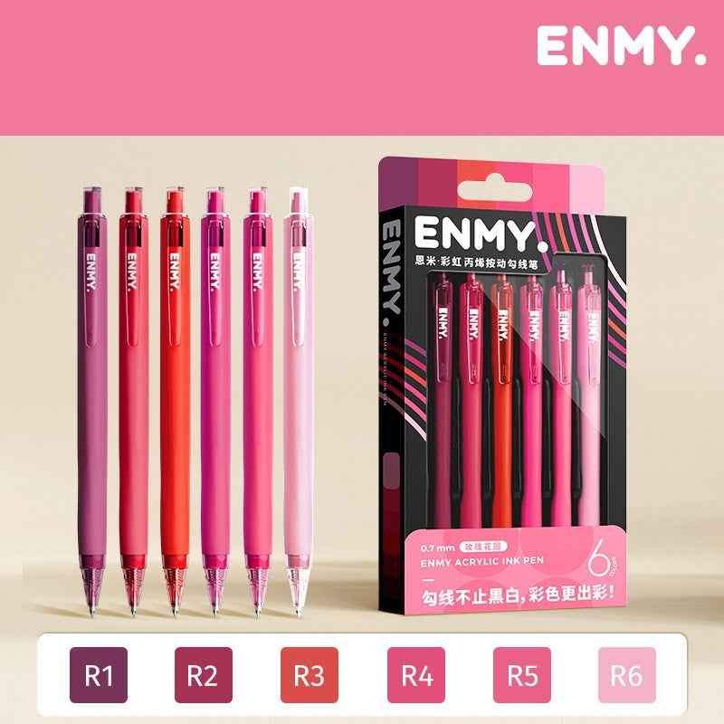 ENMY Rainbow Acrylic Ink Retractable Fineliner Pen Set – 0.7mm, 6 Colors Rose Garden