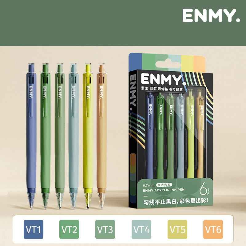 ENMY Rainbow Acrylic Ink Retractable Fineliner Pen Set – 0.7mm, 6 Colors Retro