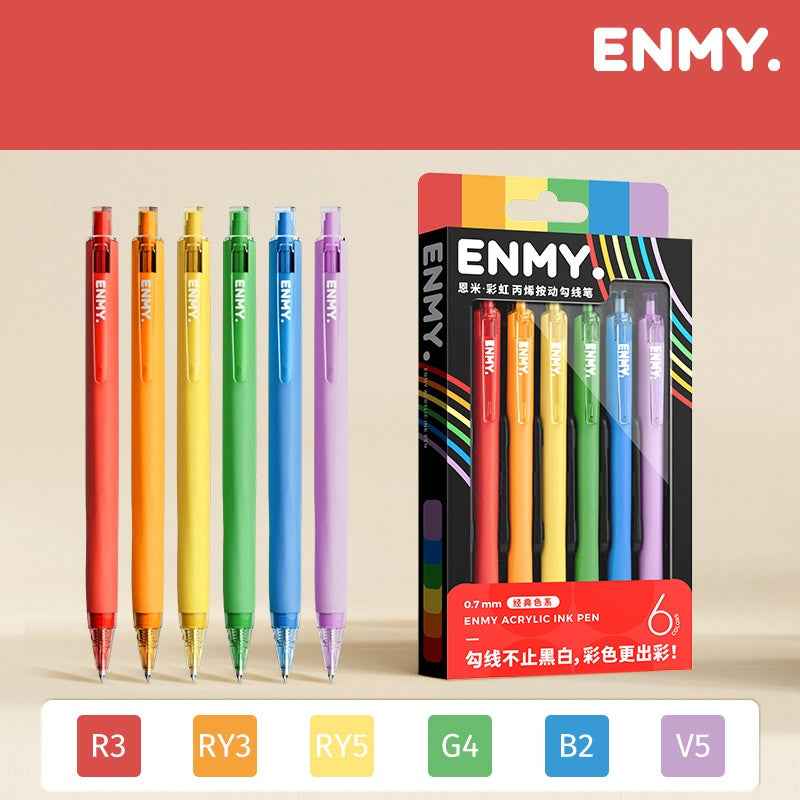 ENMY Rainbow Acrylic Ink Retractable Fineliner Pen Set – 0.7mm, 6 Colors Classic