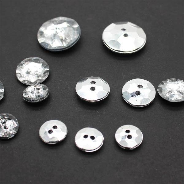 Transparent acrylic button, round diamond facets, two-hole back detail set