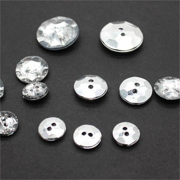 Transparent acrylic button, round diamond facets, two-hole back detail set