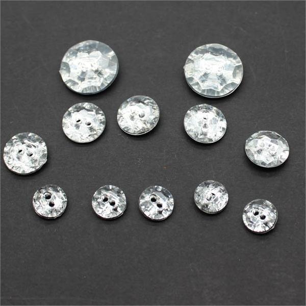 Assorted round clear two-hole acrylic buttons with diamond facets, 9–25mm
