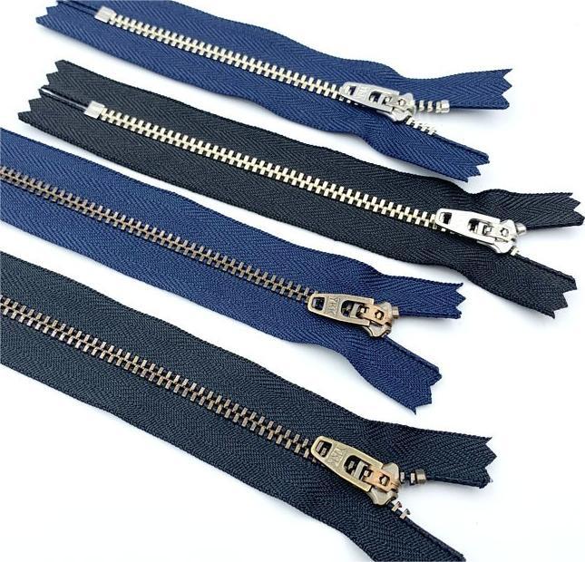 13-15 cm YKK metal closed-end zippers, navy tape with brass teeth and sliders