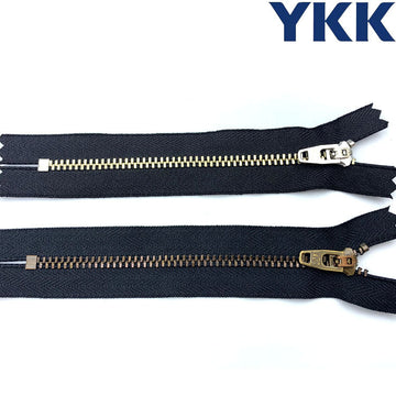 13-15 cm YKK metal closed-end zipper, dark tape, brass teeth and puller